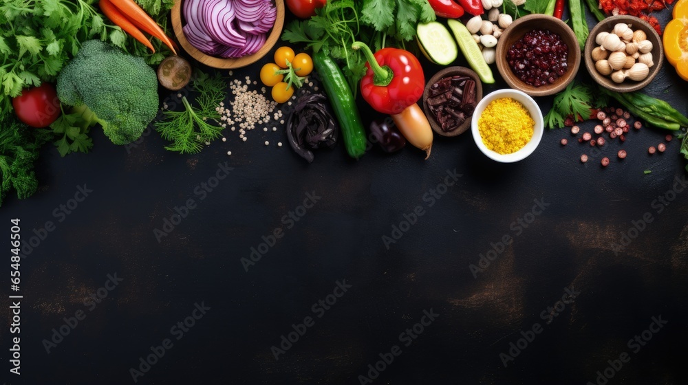 Poster Top down view of a vibrant vegetarian feast table Emphasizing healthy eating choices with room for text Black chalkboard serves as backdrop