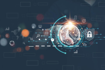 Hand touching on Global Internet connection. Business global internet connection application technology and digital marketing, Financial and banking, Digital link tech, big data.