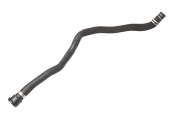 Black plastic hose of the car engine cooling system on a white isolated background in a photo...
