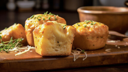 Breakfast delicious and cheese dumpling, with grated cheese, on the table with details, wooden board, rustic