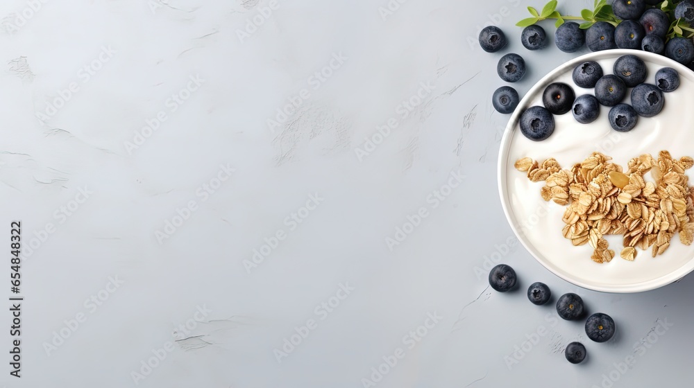 Aufkleber healthy food concept breakfast yogurt bowl with granola blueberries and maple syrup on gray backgrou