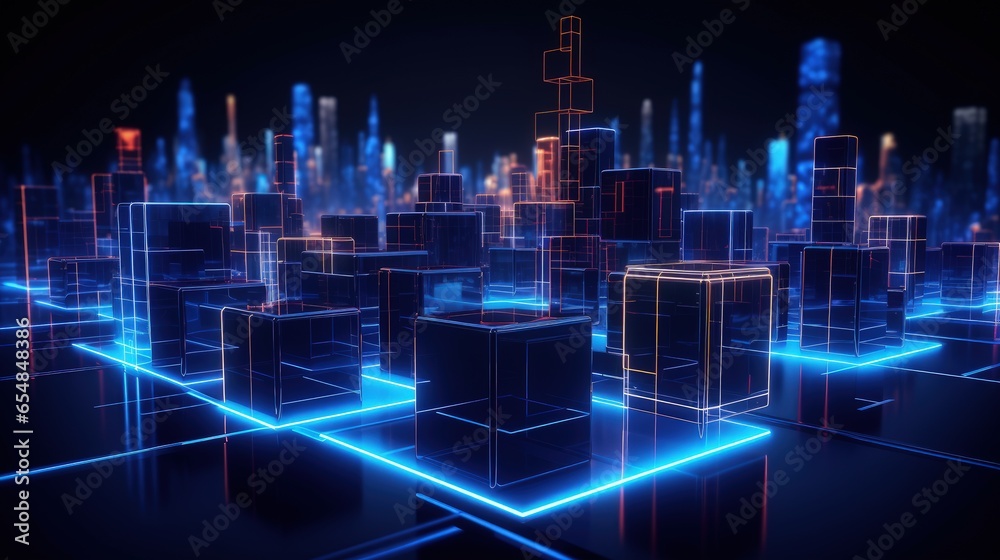 Aufkleber cyber city in virtual reality with neon abstract cubic shapes illuminated in laser show isolated on 
