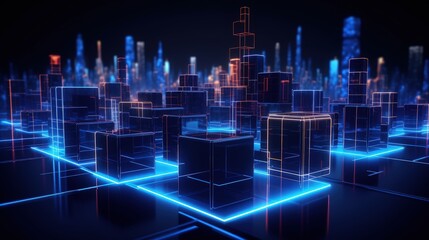 Cyber city in virtual reality with neon abstract cubic shapes illuminated in laser show isolated on...