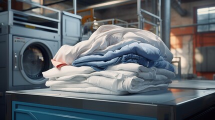 Industrial washing machines in a factory with a stack of clean bed sheets - obrazy, fototapety, plakaty