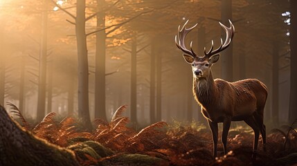 Morning sun shining on red deer