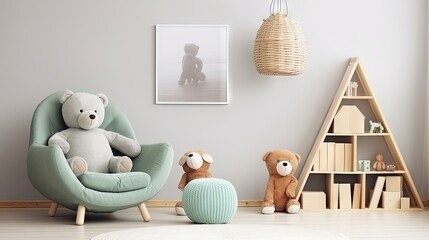Scandinavian playroom with modern climbing wall design furniture mint armchair soft toys teddy bear and cute children s accessories Mock up poster frame template - obrazy, fototapety, plakaty