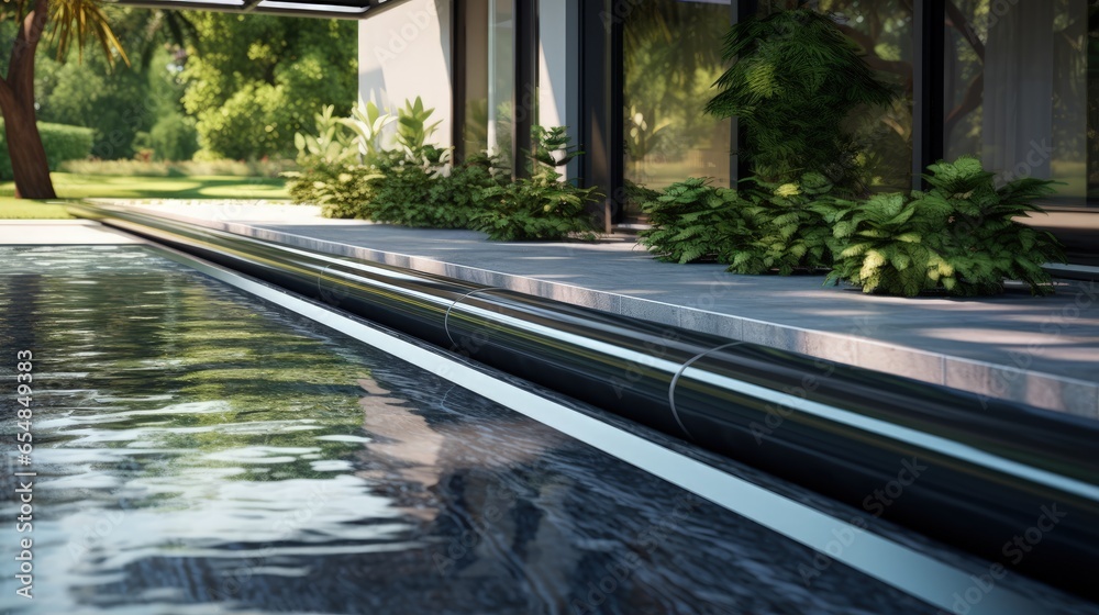 Poster Modern black gutter placed next to swimming pool for drainage overflow and pool edge