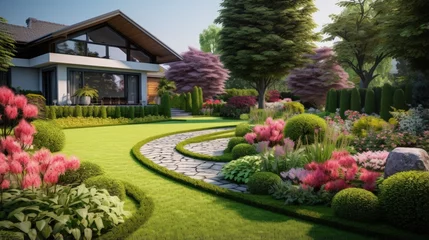 Fototapeten Colorful shrubs and green lawns in the front yard complemented by a luxurious backyard garden with professional care services © vxnaghiyev