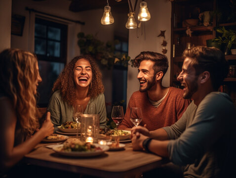 A Photo of a Group Laughing as One Friend Tells a Story Around the Dinner Table
