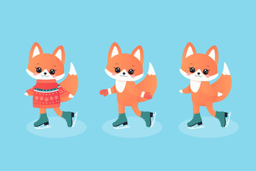 winter sports set. fox on skates with gloves and jumper.