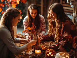 Obraz na płótnie Canvas A Photo of Friends Decorating the Space with Fall Leaves and Candles