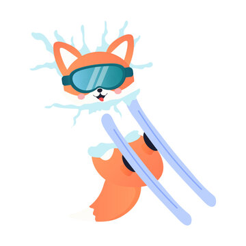 Fox on skis, snowboarding, fell in the snow, winter sports.