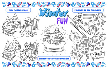 Festive placemat for children. Printable activity sheet "Winter fun" with a labyrinth, connect the dots, and find the differences. 17x11 inch printable vector file