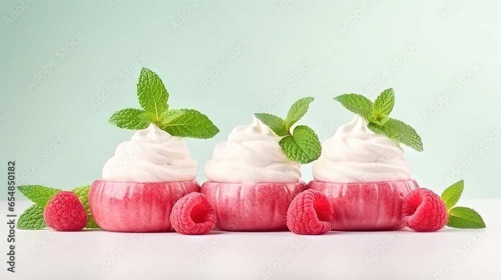 Aufkleber italian raspberry sorbet dessert in small jars topped with whipped cream and mint displayed on a lig