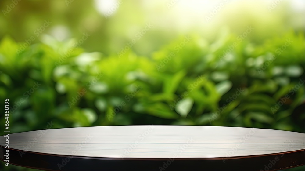Poster ideal for showcasing products an unfocused green background complements an empty table