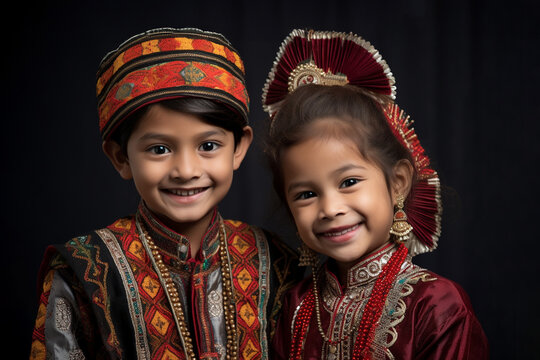 A picture of two young brothers and sisters wearing traditional clothes and celebrating the bhai dooj festival, diwali celebration photo