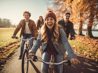 A Photo of Friends Taking a Group Bike Ride on a Crisp Day