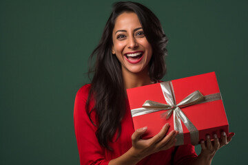 A picture of a happy indian woman holding a gift box in a plain background, diwali celebration image - obrazy, fototapety, plakaty