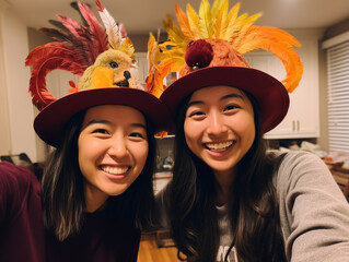 A Photo of Friends Trying on Silly Thanksgiving Themed Hats