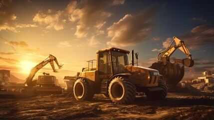 Construction machinery including tractors and an excavator in the morning sunlight