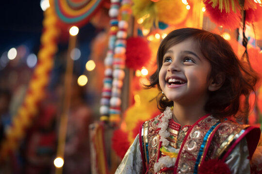 A picture of a young indian girl wearing traditional indian clothes smiling in front of a decorated puja pandal at night, diwali celebration image