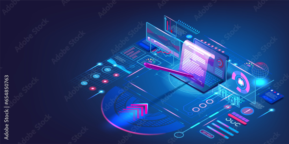 Poster Smart contract. Digital technology. 3D laptop and virtual document paper. Signing pen. Bank law. Secure computer application. Statistic infographic. Hologram diagram. Vector concept