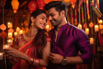 A picture of a beautiful indian couple wearing traditional clothes to celebrate diwali, diwali celebration image