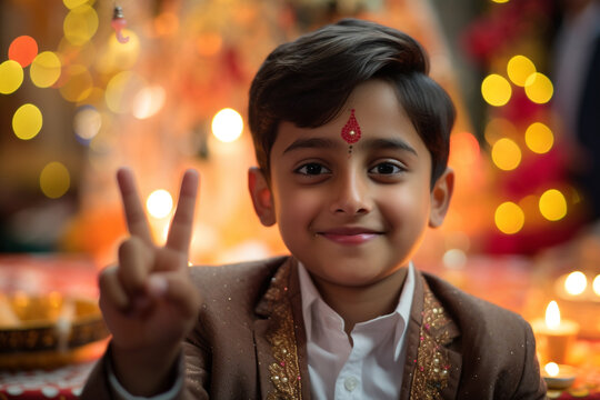 Picture of a young boy giving the thumbs up at diwali, diwali celebration image