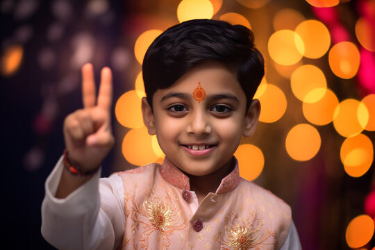 Picture of a young boy giving the thumbs up at diwali, diwali celebration photo