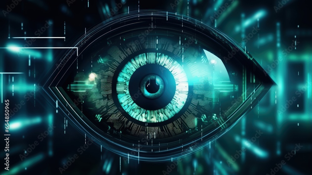 Poster 3D rendering of coded virtual surveillance and holographic technology for cyber spying