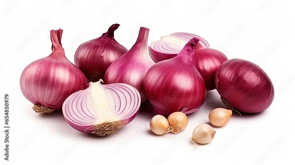 Poster Top view of red onions garlic and spices arranged diagonally on a white background