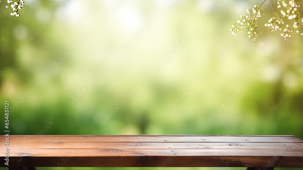 Poster Product display and picnic concept with empty table in front of green spring bokeh background