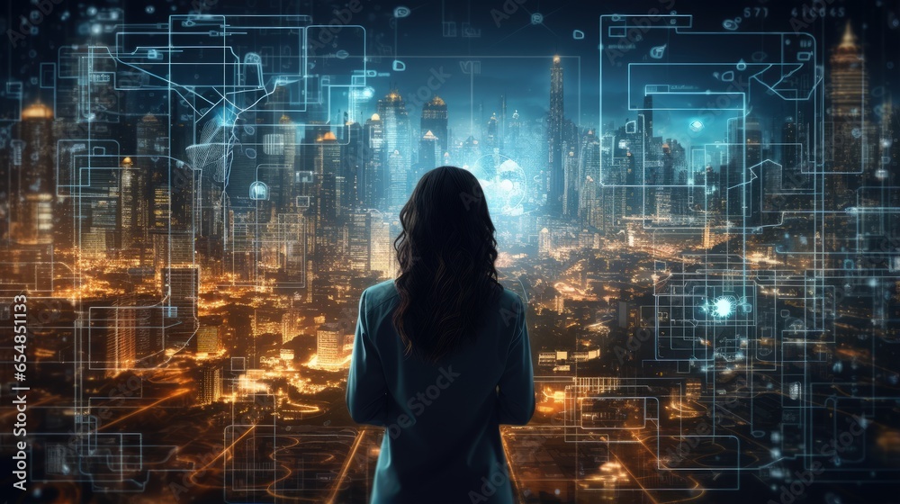 Poster futuristic metaverse city with ai robots digital technology and cybersecurity