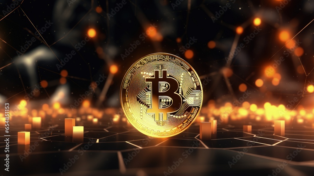 Poster bitcoin backdrop in polygonal glow depicting cryptocurrency and finance 3d render