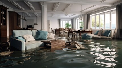 Furniture floating in house after water damage 3D rendering - obrazy, fototapety, plakaty