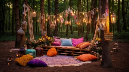 Bohemian themed forest party decor with pallet furniture for a bachelorette party