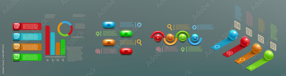 Poster 3D infographic. 4 gold modern tabs for presentation. Abstract ribbon and ball buttons. Flowchart diagram with numbers. Business report infochart layout. Vector work process banners set