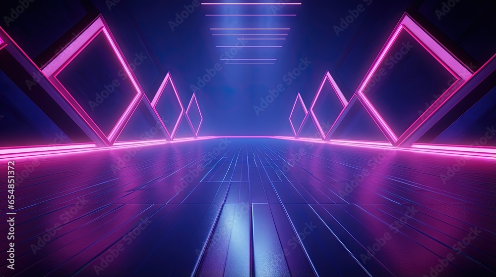 Poster Neon lamps create a colorful backdrop with diagonal lines on an empty purple stage