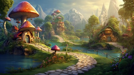 Illustration of a fantasy village in a magical forest landscape with whimsical houses and fairies - obrazy, fototapety, plakaty