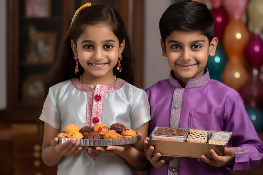 A picture of a hindu brother and sister in traditional indian clothes holding indian sweets and a gift box on the day of the raksha bandhan festival, diwali celebration image