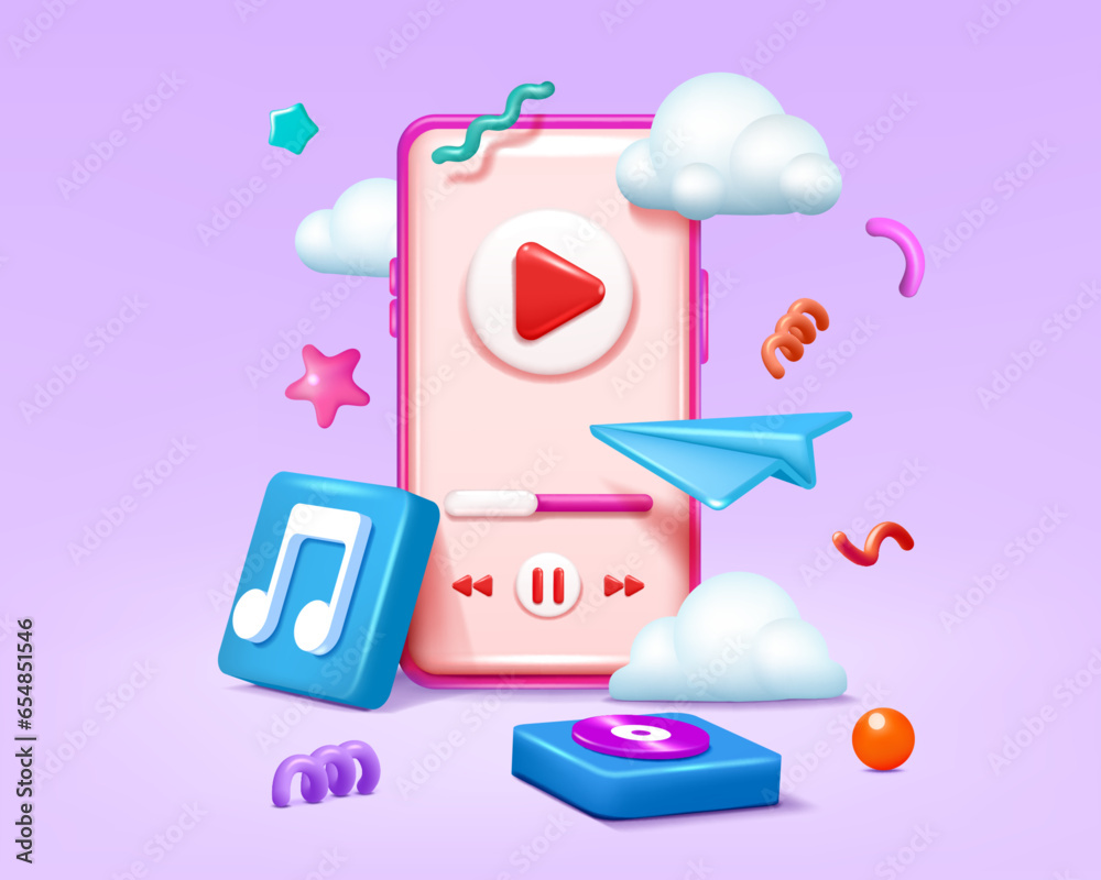 Aufkleber 3D music icon. Phone render. Cellphone with playlist app. Online streaming soundtrack play. Radio broadcast. Mobile application. Smartphone player. Podcast listen. Vector background