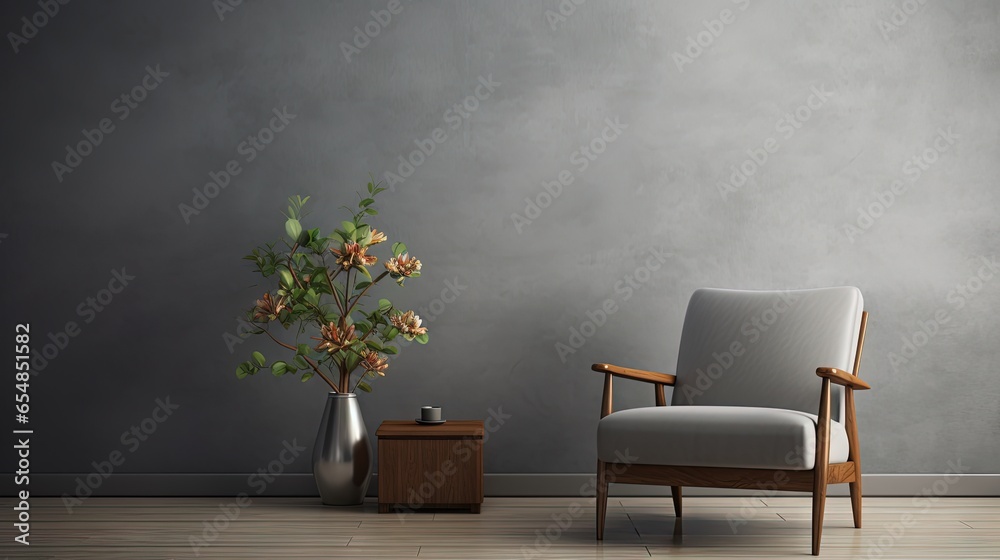 Poster real photo of a gray armchair by a wooden table with flowers in a flat interior with a blank wall fo
