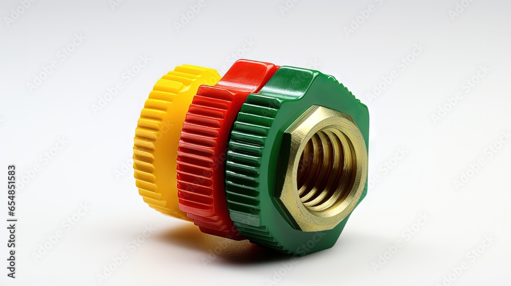 Poster yellow red and green 3d printed nut screws with iron nut isolated in white with soft focus
