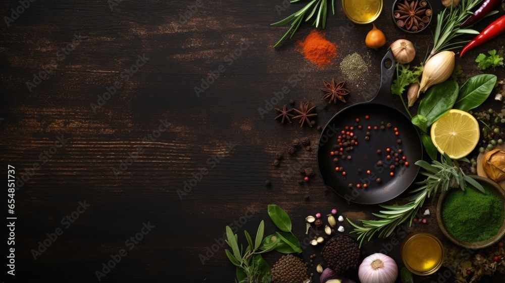 Poster top view of a food background with space for text featuring herbs olive oil and spices arranged arou