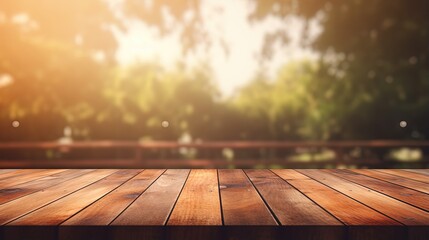 Empty wooden board on table with blurred background ideal for displaying or montaging products Vintage filter spring ambiance