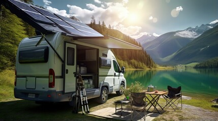 Solar panel charges RV battery enabling camping in nature - obrazy, fototapety, plakaty