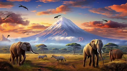 Fototapete Kilimandscharo African animals such as giraffes lions elephants monkeys and others gather near Mount Kilimanjaro