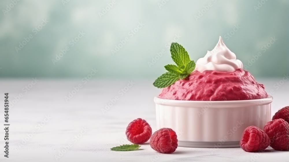 Aufkleber italian raspberry sorbet dessert in small jars topped with whipped cream and mint displayed on a lig
