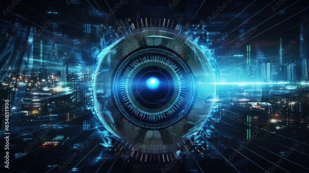 Poster 3d rendering of coded virtual surveillance and holographic technology for cyber spying