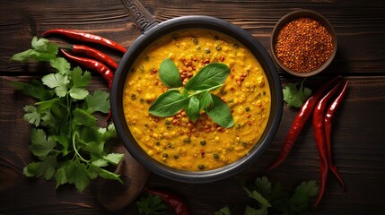 Authentic Indian dish Spicy lentil curry served in a bowl with rustic black wooden background Top...